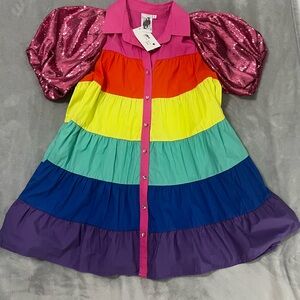 QUEEN OF SPARKLES Rainbow Dress with Pink Sequin Sleeves